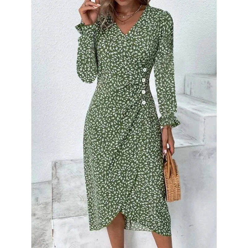 Elegant Floral Midi Puff Sleeve Ruched Waist Floral Dress