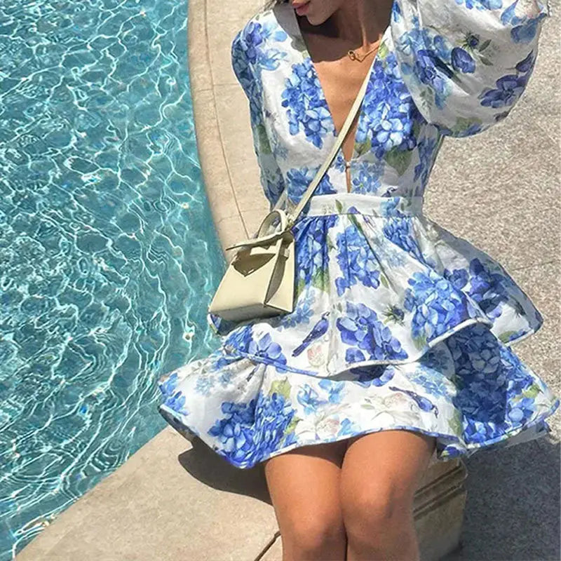 Elegant Floral Ruffle Layered Mini Evening Dress