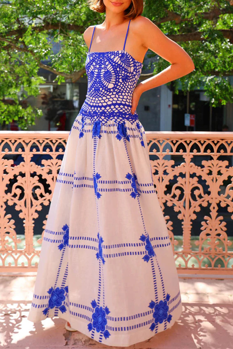 Elegant Geometric Print Contrast Square Neck Long Dresses