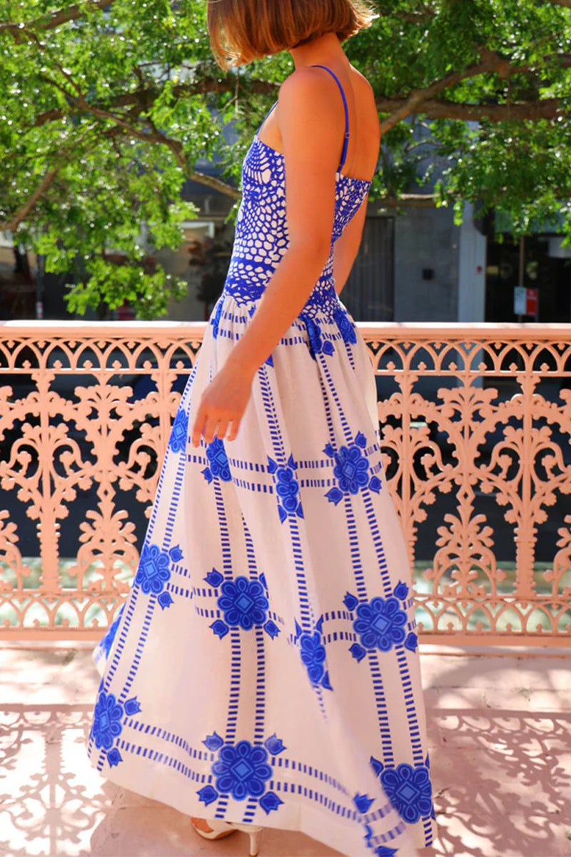 Elegant Geometric Print Contrast Square Neck Long Dresses