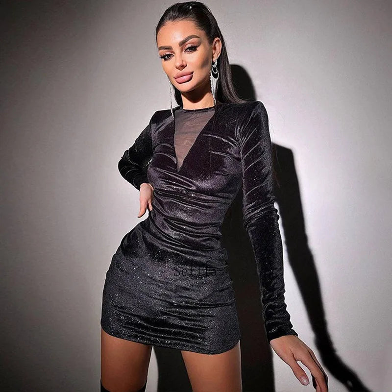 Mesh Panel High Neck Long Sleeve Bodycon Mini Dress