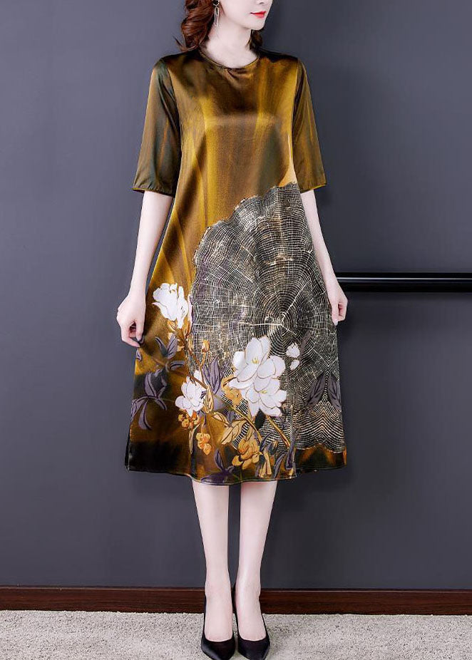 Wood Grain Floral Print Satin Short Sleeve Crew Neck A-Line Midi Dress
