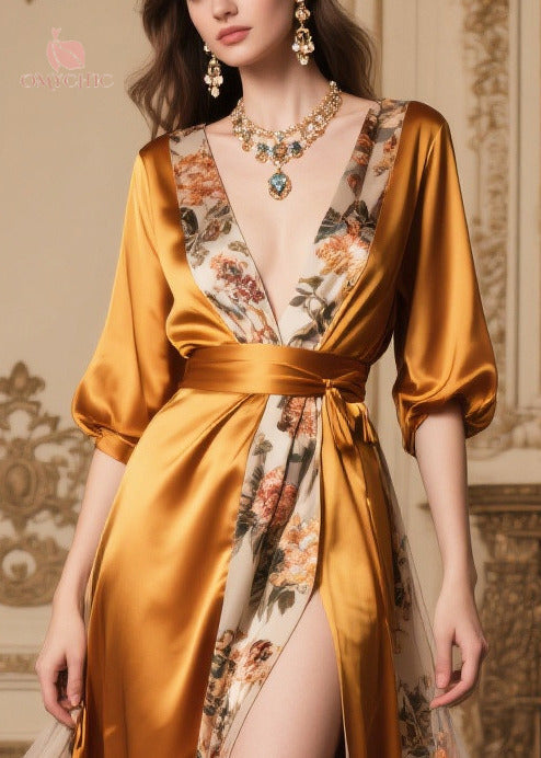 Satin Wrap Deep V-Neck Puff Sleeve Floral Print Panel Maxi Gown - View 2