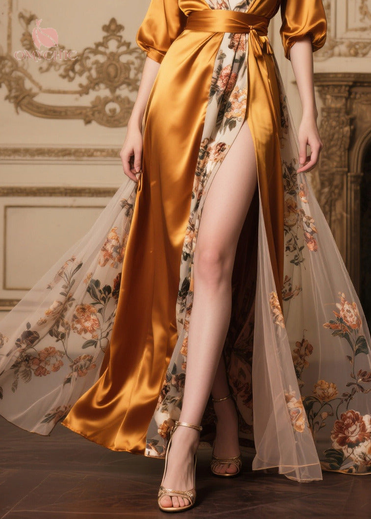 Satin Wrap Deep V-Neck Puff Sleeve Floral Print Panel Maxi Gown - View 4