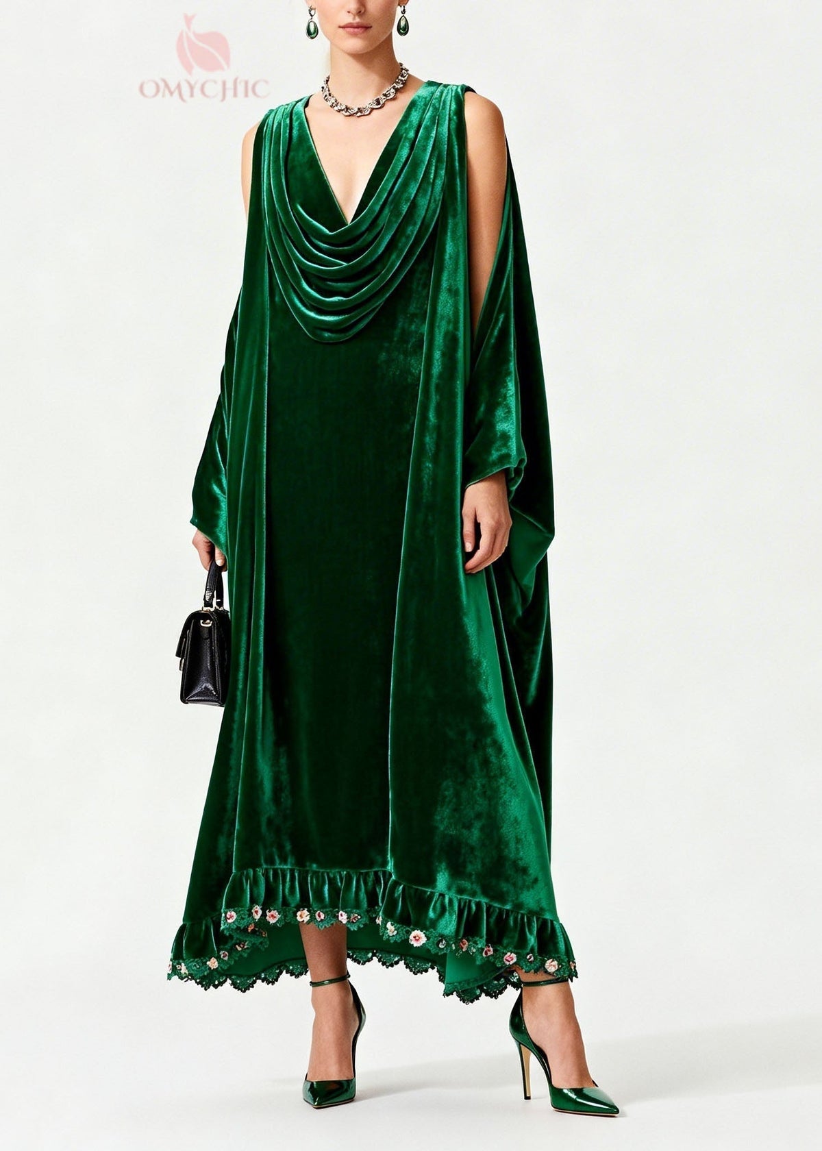 Velvet Cowl Neck Cape Sleeve Floral Embroidered Ruffle Hem Maxi Gown - View 3