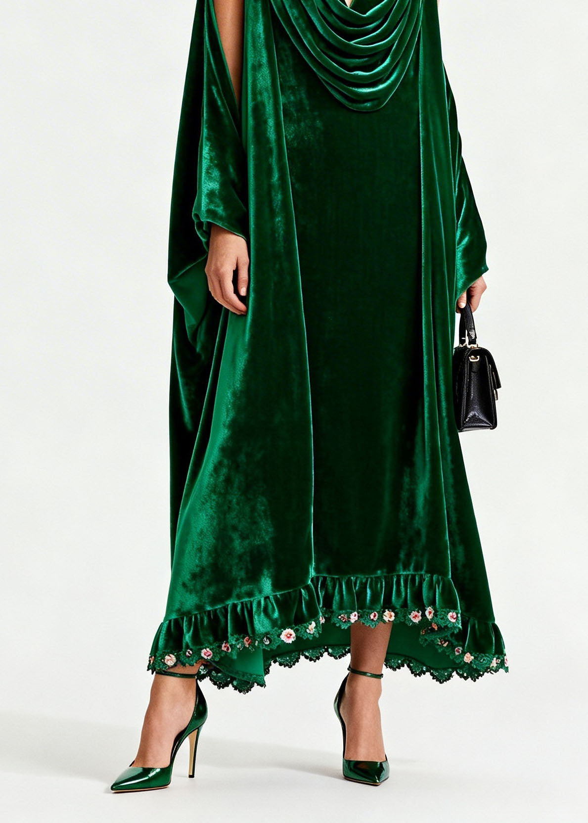 Velvet Cowl Neck Cape Sleeve Floral Embroidered Ruffle Hem Maxi Gown - View 4