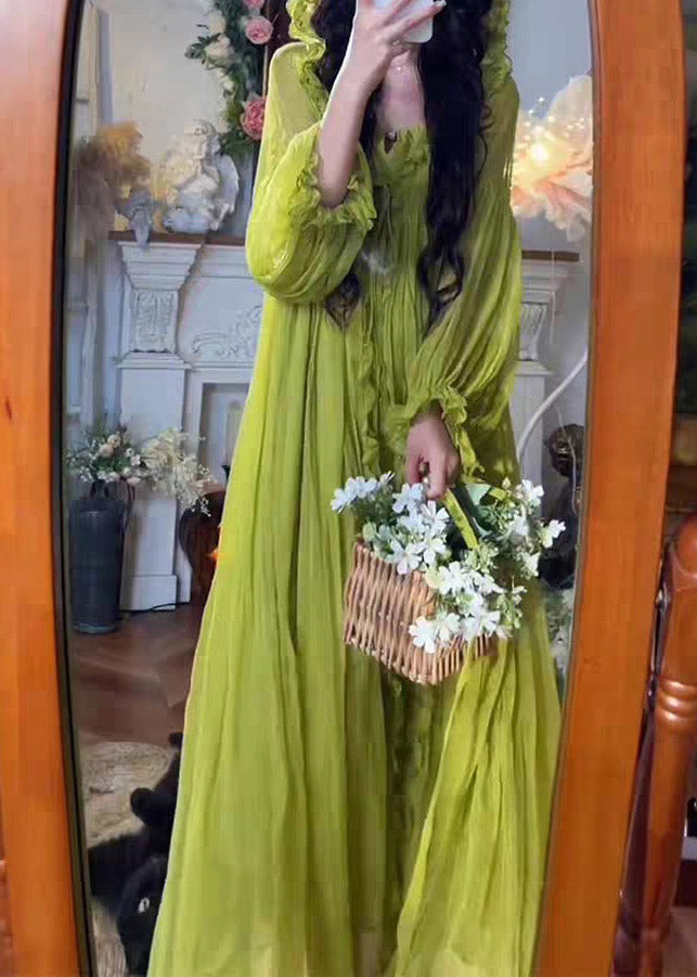 Elegant Green V Neck Ruffled Hooded Chiffon Maxi Dress Spring