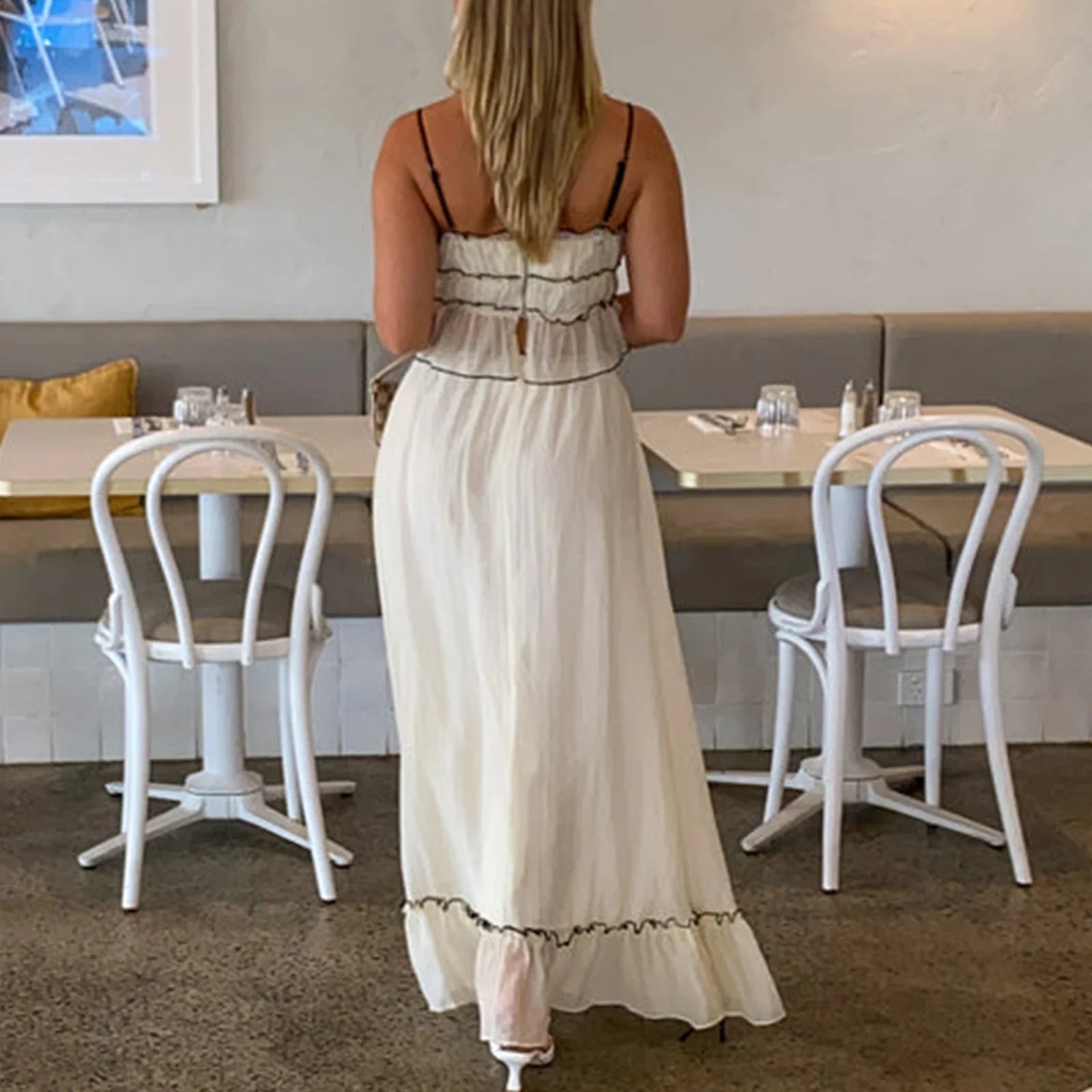 Ruffles Tie-Up Crop Top A-line Maxi Skirt Two Pieces Set