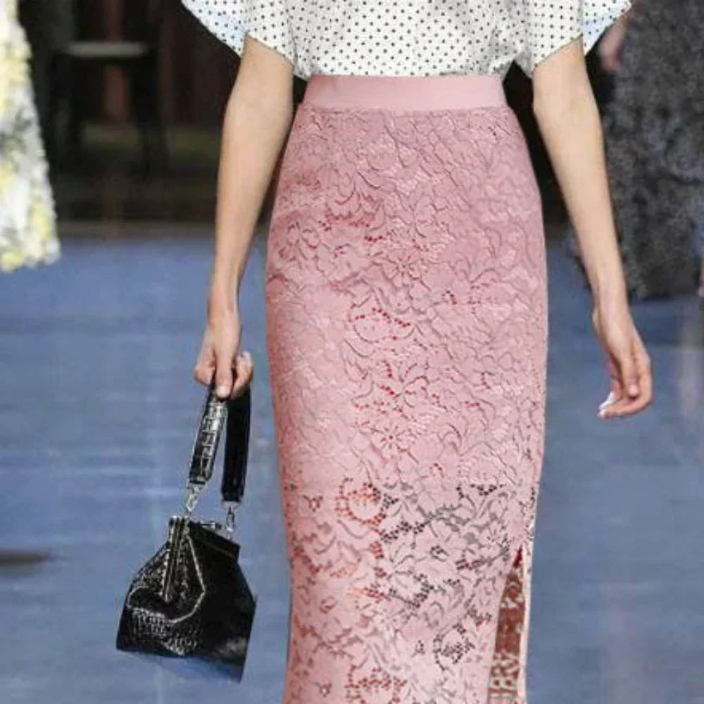 Elegant Lace Skirt with Double Slits Slimming Plus Size Skirt