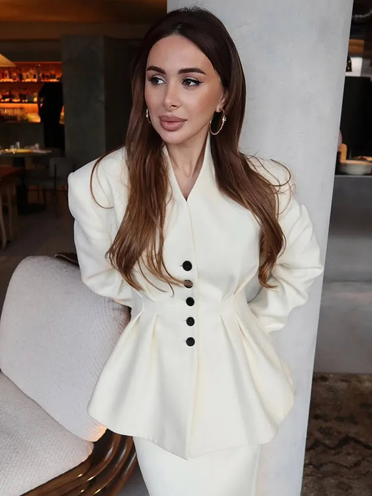 White V-neck Pleated A-line Coat