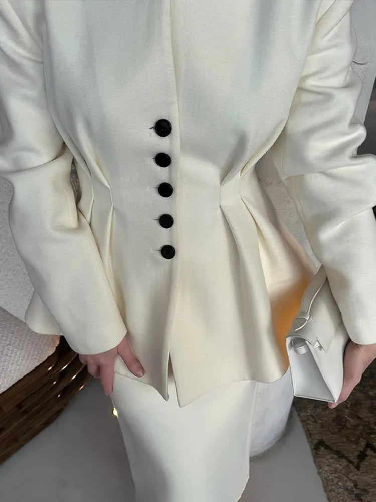 White V-neck Pleated A-line Coat