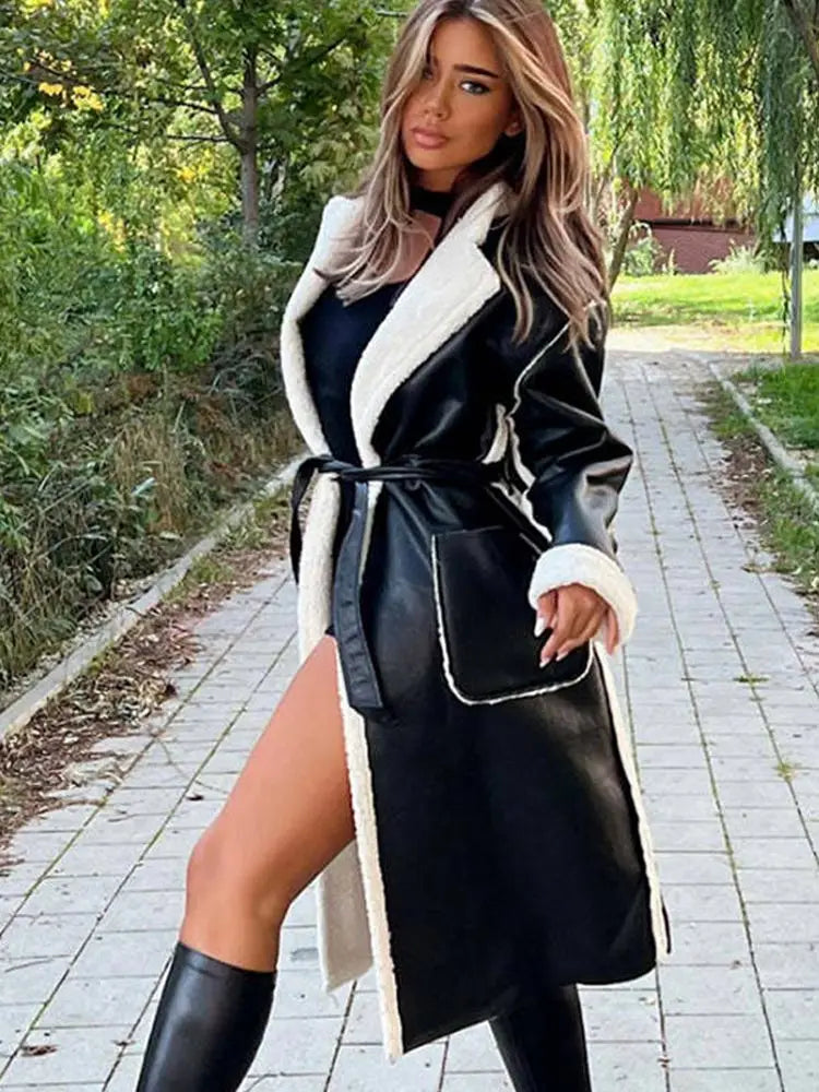 Elegant Lamb Wool PU Leather Belted Overcoat
