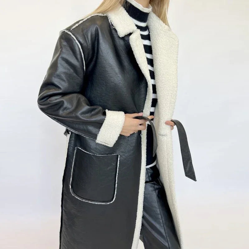 Elegant Lamb Wool PU Leather Belted Overcoat