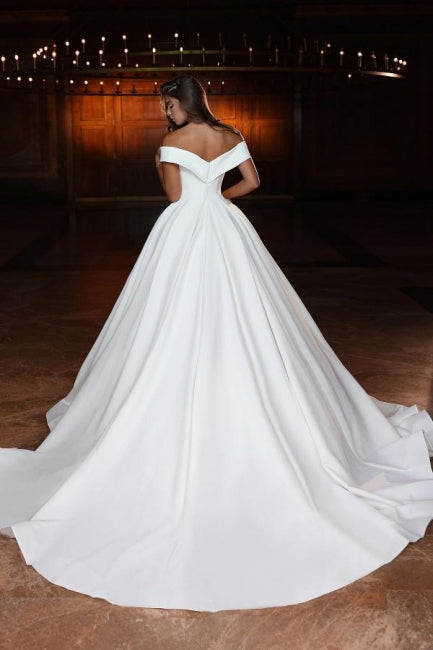 Elegant Long A-line Off-the-Shoulder V-neck Satin Wedding Dress with Chic Design - Fashionpara