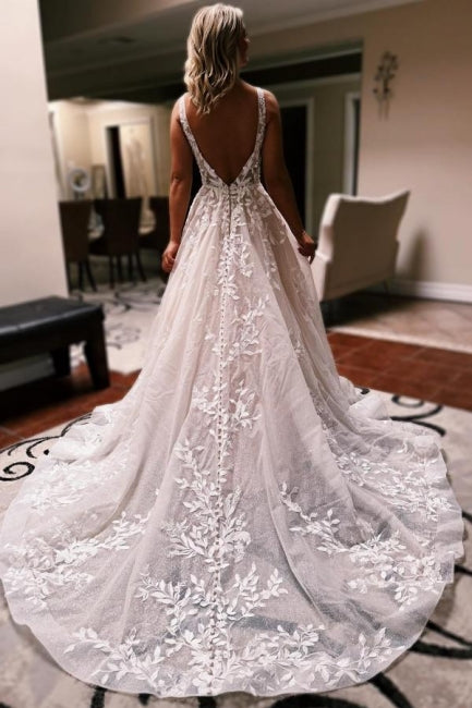 Elegant Long A-line V-neck Backless Lace Glitter Sleeveless Wedding Gown - Fashionpara