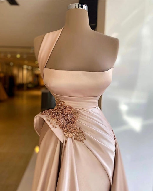 Elegant Long Champagne High Split Prom Evening Dresses