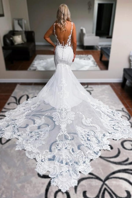 Elegant Long White Mermaid Straps V-neck Backless Wedding Dress with Lace Embellishments - Fashionpara