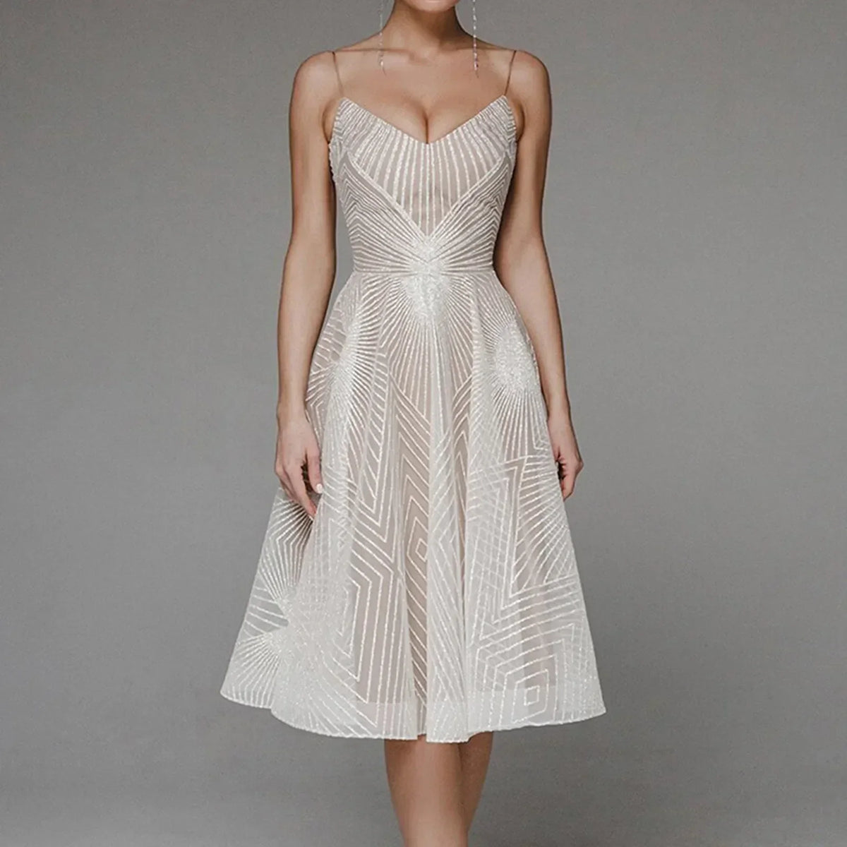 Glitter Spaghetti Strap V-Neck A-Line Midi Party Dress