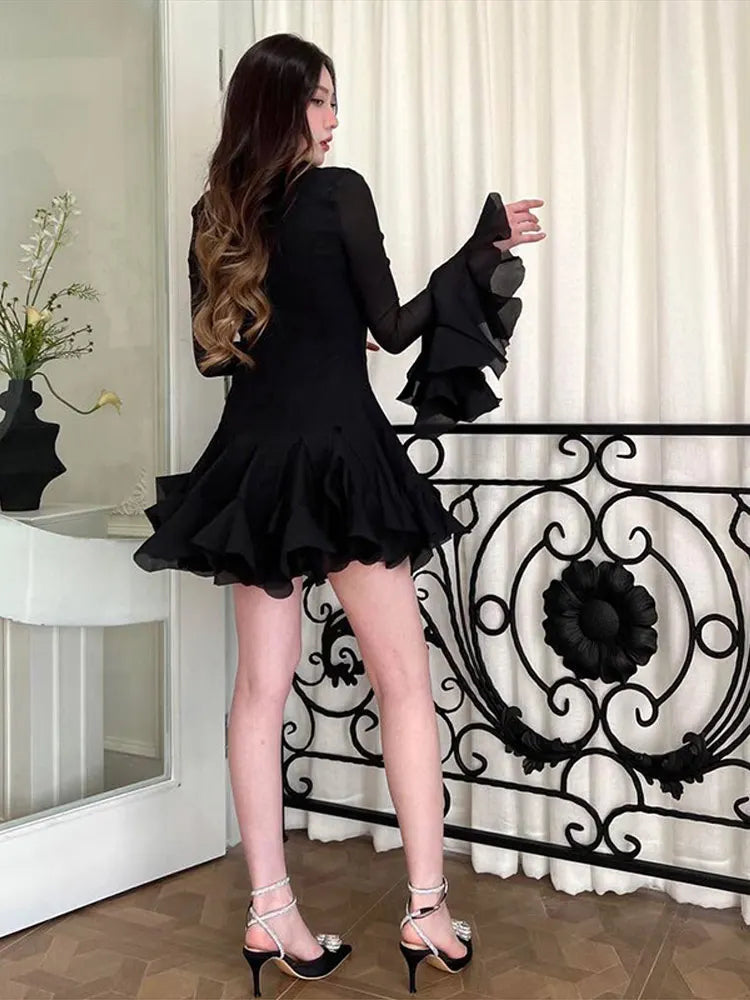 O-Neck Flare Sleeve Mini Dress