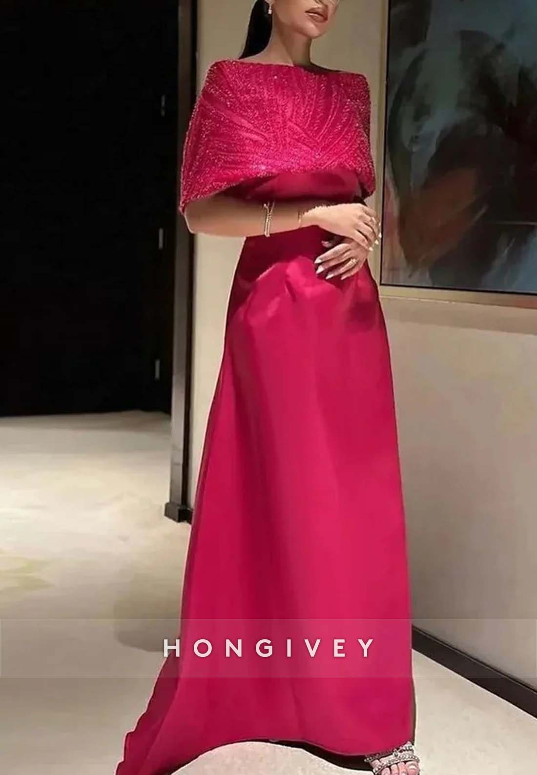 Floor-Length Pleated Mother of the Bride Beading A-line Shawl Evening Gown