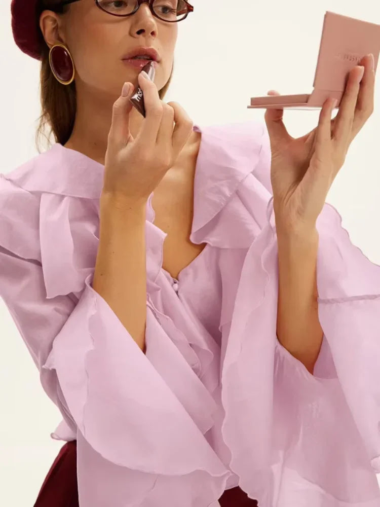 Ruffles V Neck Pink Chiffon Blouse