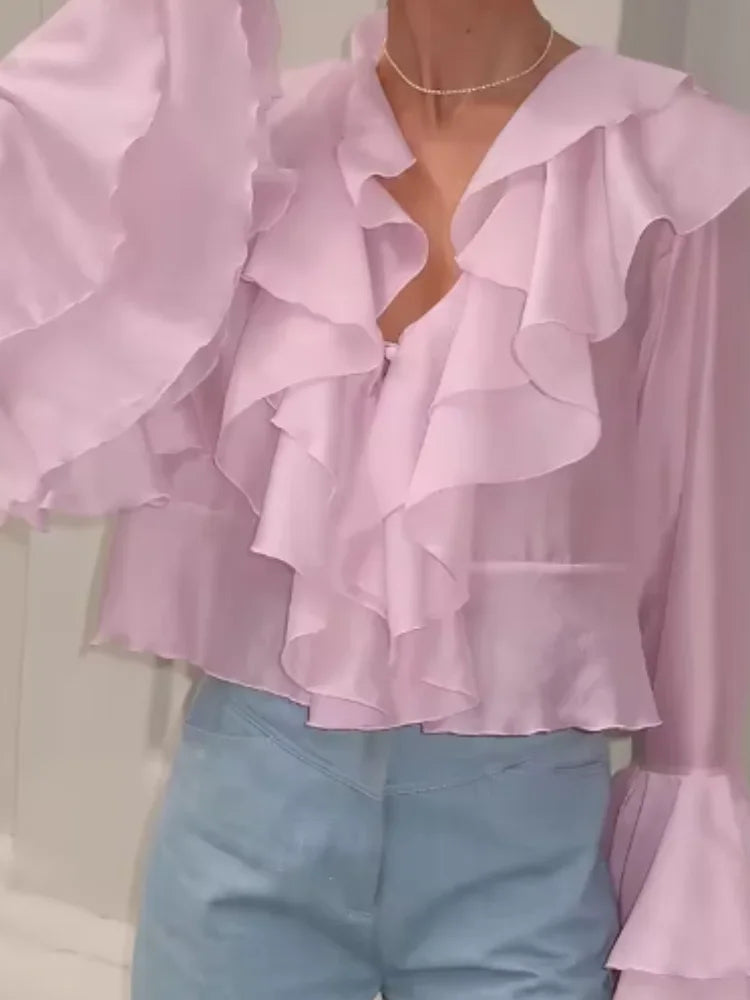 Ruffles V Neck Pink Chiffon Blouse