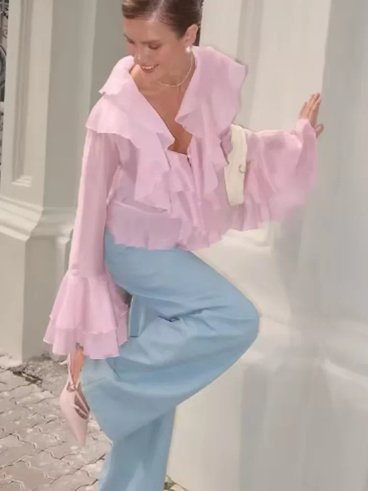 Ruffles V Neck Pink Chiffon Blouse