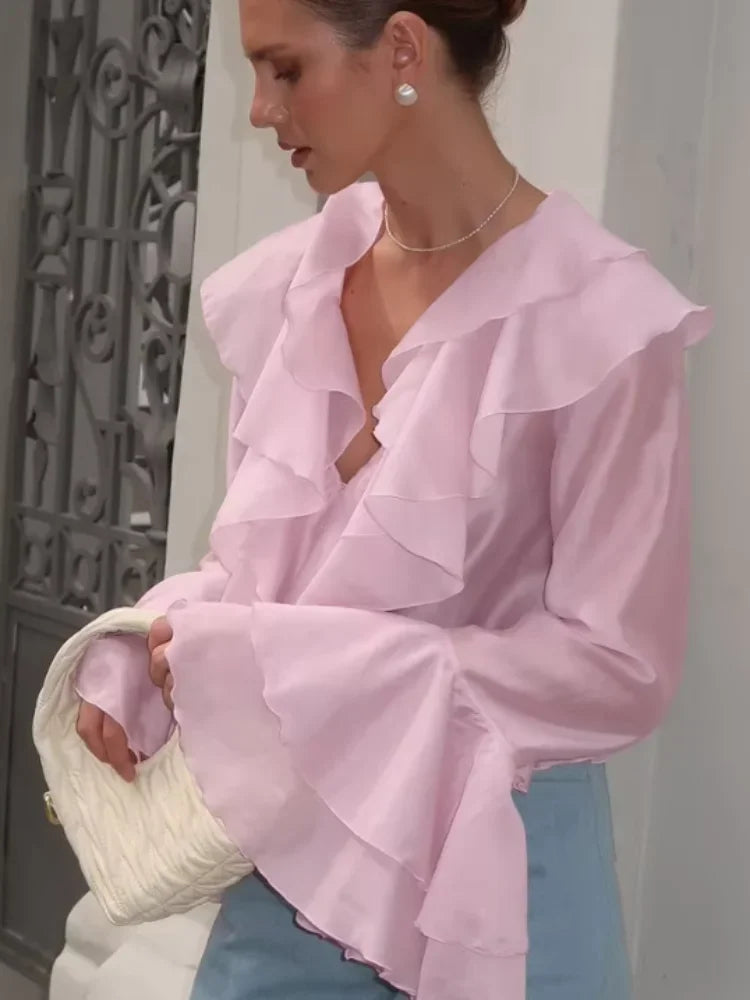 Ruffles V Neck Pink Chiffon Blouse