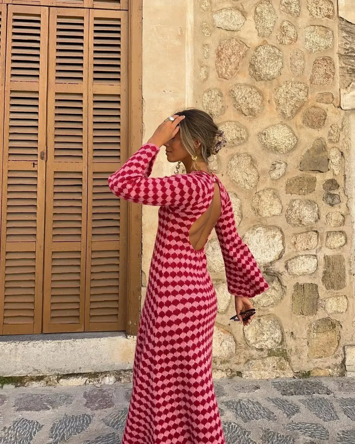 Geometric Print Sequin Long Sleeve Maxi Dress