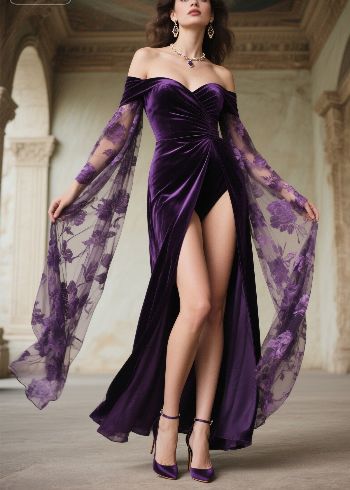 Velvet Off Shoulder Sweetheart Ruched Sheer Floral Maxi Gown