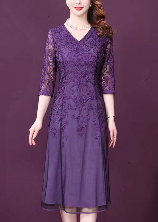 Lace Floral Embroidery V-Neck Three Quarter A-Line Midi Dress