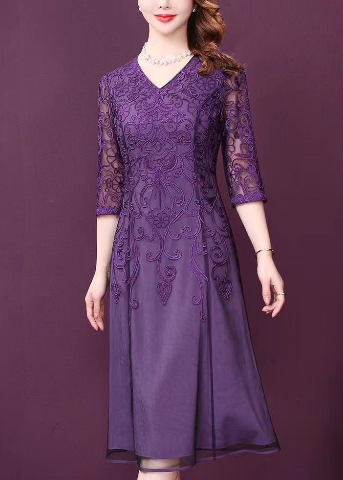 Lace Floral Embroidery V-Neck Three Quarter A-Line Midi Dress - View 3