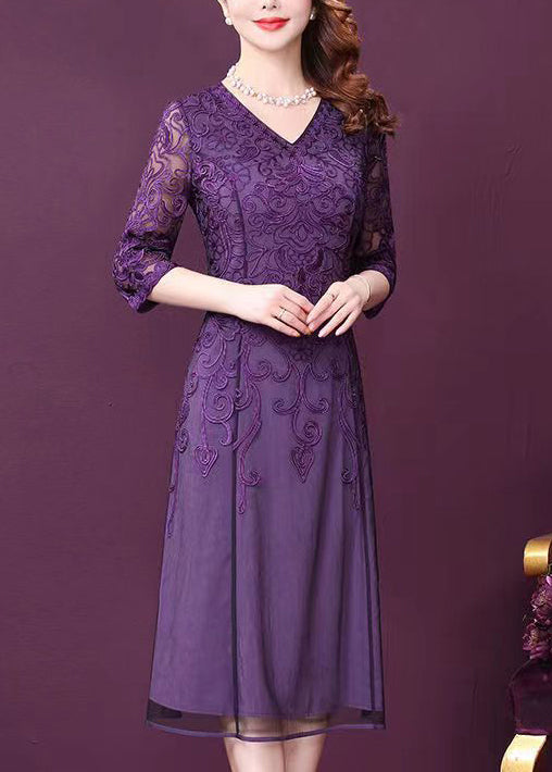 Lace Floral Embroidery V-Neck Three Quarter A-Line Midi Dress - View 4