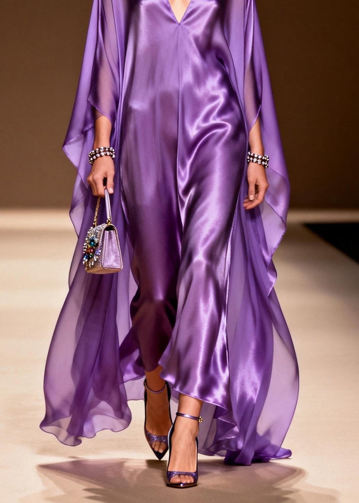 Satin Deep V-Neck Chiffon Cape Overlay Slip Maxi Gown - View 4