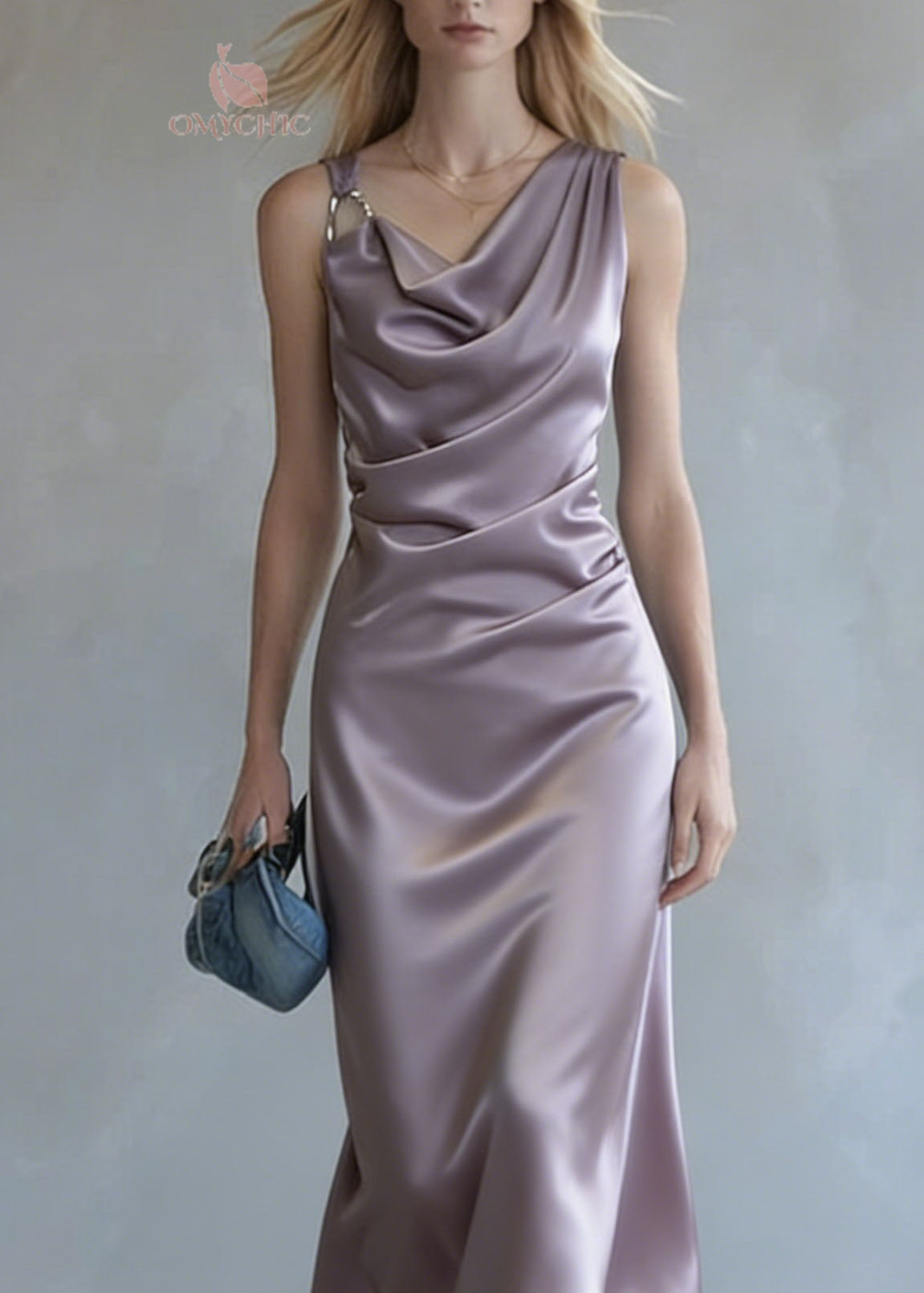 Satin Cowl Neck Spaghetti Strap Ring Detail Ruched Waist Midi Dress - View 2