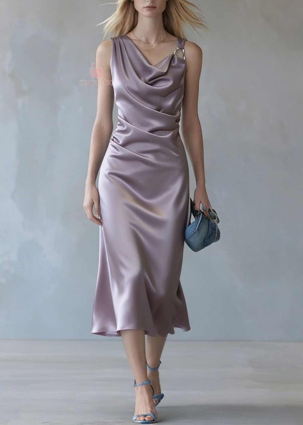 Satin Cowl Neck Spaghetti Strap Ring Detail Ruched Waist Midi Dress - View 3