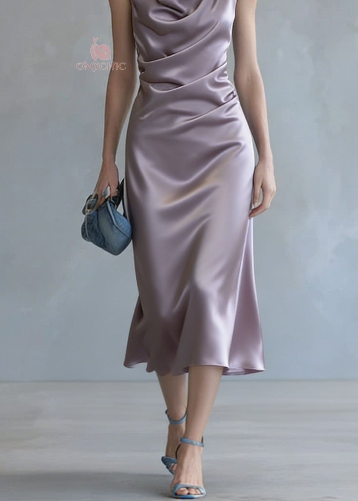 Satin Cowl Neck Spaghetti Strap Ring Detail Ruched Waist Midi Dress - View 4