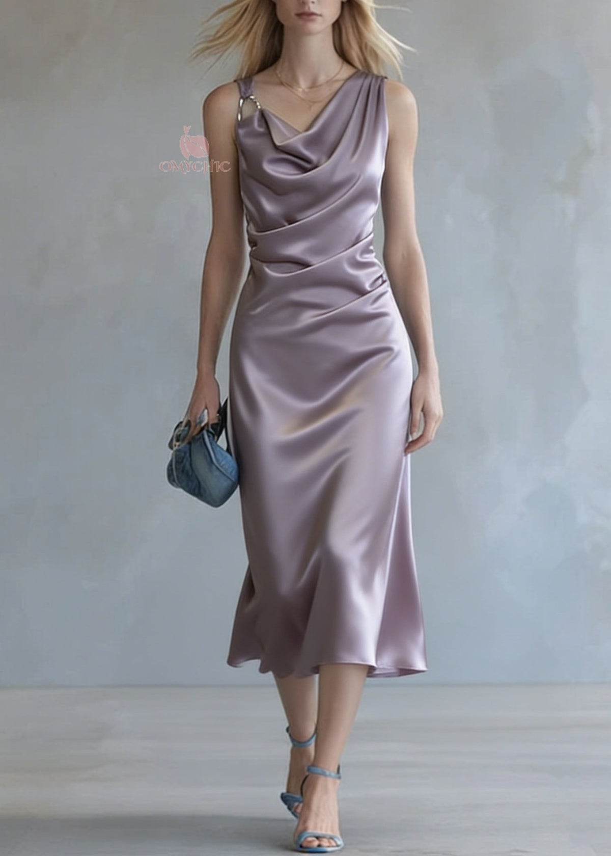 Satin Cowl Neck Spaghetti Strap Ring Detail Ruched Waist Midi Dress - View 5
