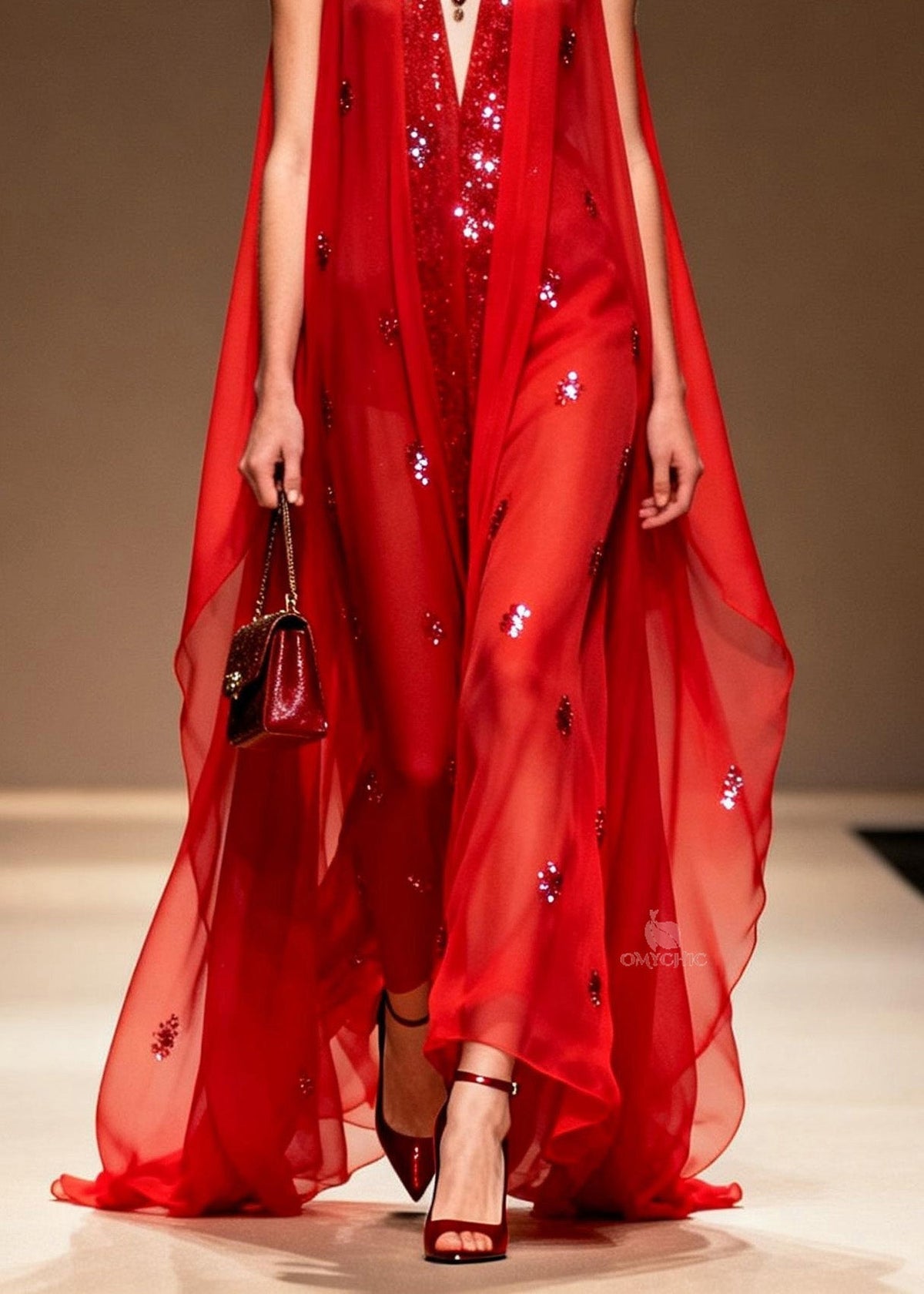Sequin Scatter Deep V-Neck Sheer Cape Overlay Maxi Gown - View 4