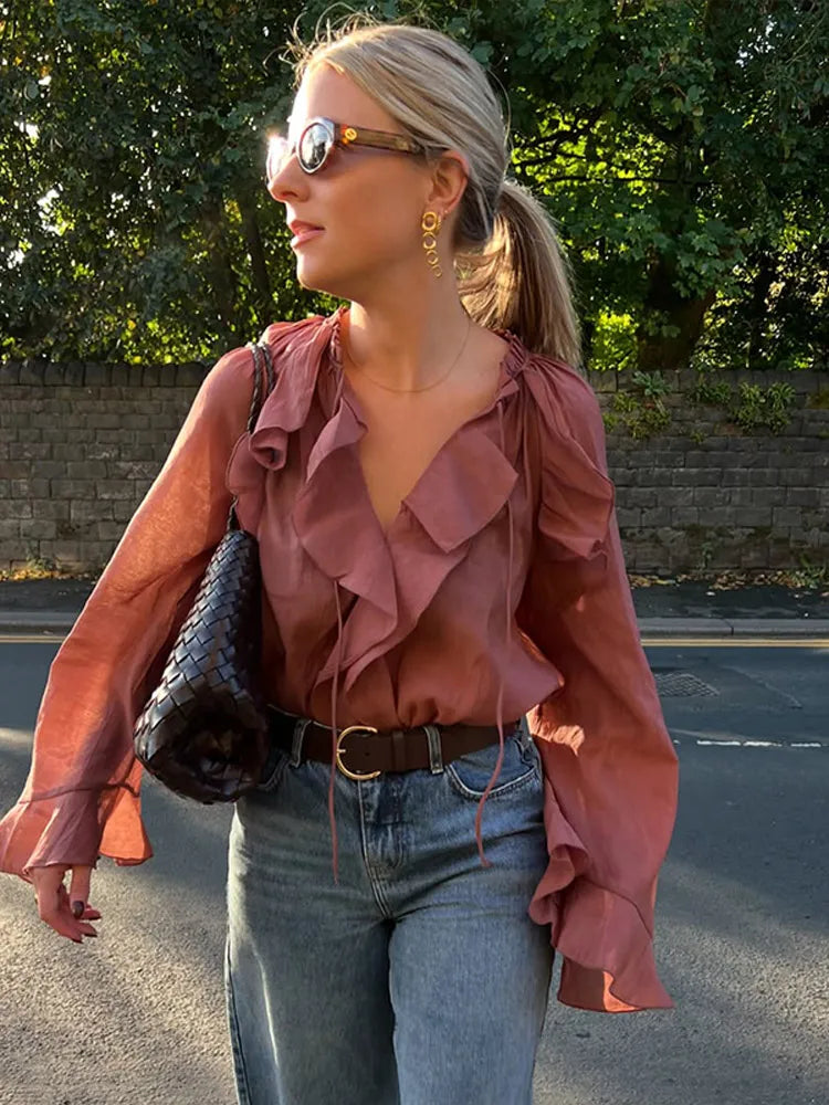 Flared Sleeve Cropped Blouse
