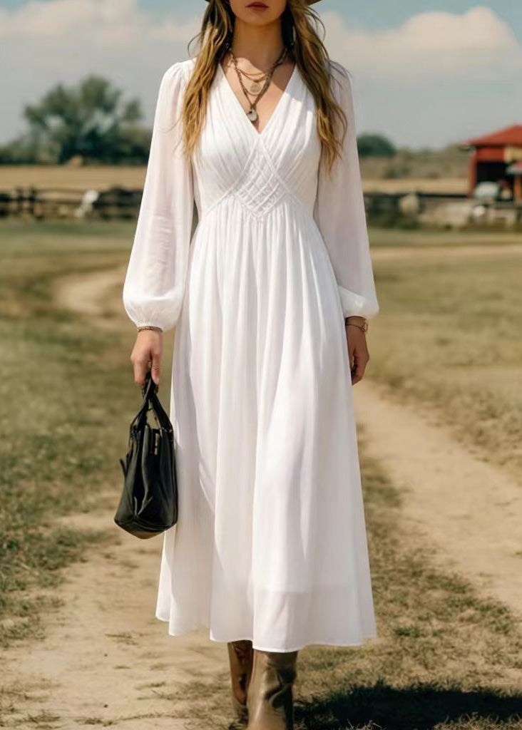 Chiffon Deep V-Neck Bishop Sleeve Lattice Empire Waist Maxi Dress