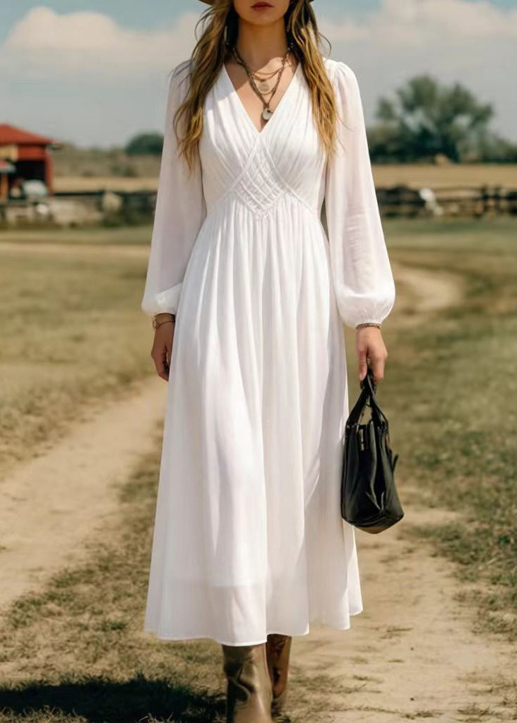 Chiffon Deep V-Neck Bishop Sleeve Lattice Empire Waist Maxi Dress - View 3