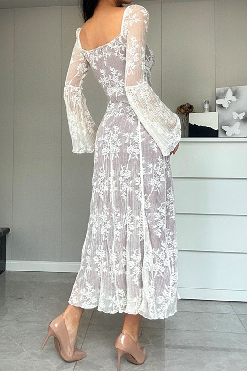 Elegant Solid Color Lace Lace Up Square Neck A Line Dresses - Fashionpara