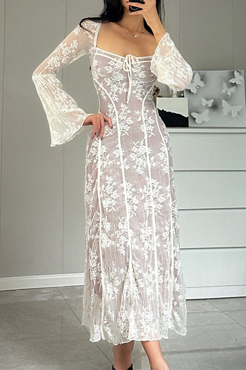 Elegant Solid Color Lace Lace Up Square Neck A Line Dresses - Fashionpara