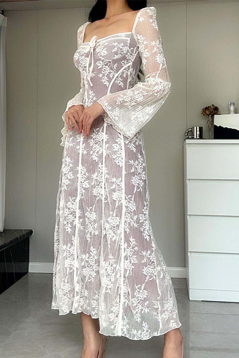 Elegant Solid Color Lace Lace Up Square Neck A Line Dresses - Fashionpara