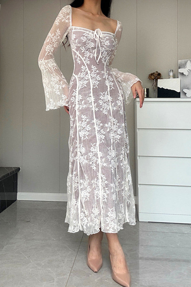 Elegant Solid Color Lace Lace Up Square Neck A Line Dresses - Fashionpara