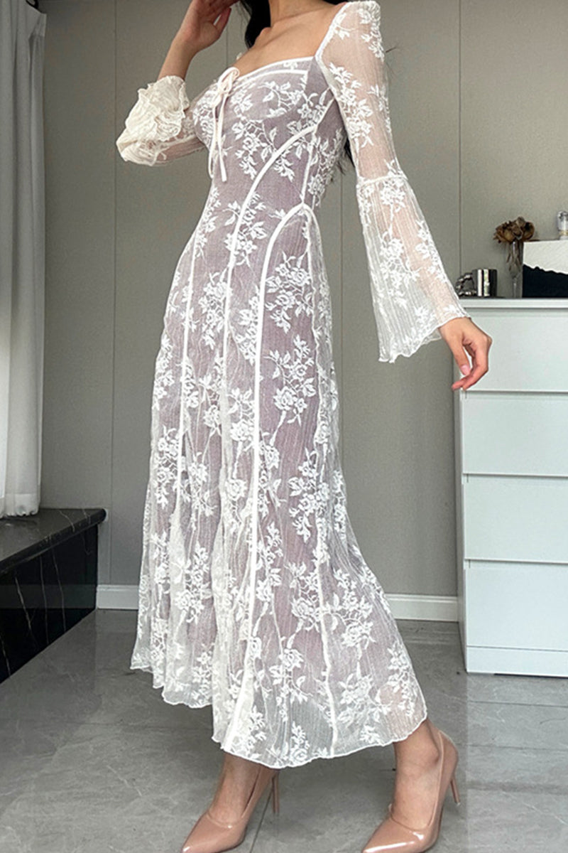 Elegant Solid Color Lace Lace Up Square Neck A Line Dresses - Fashionpara