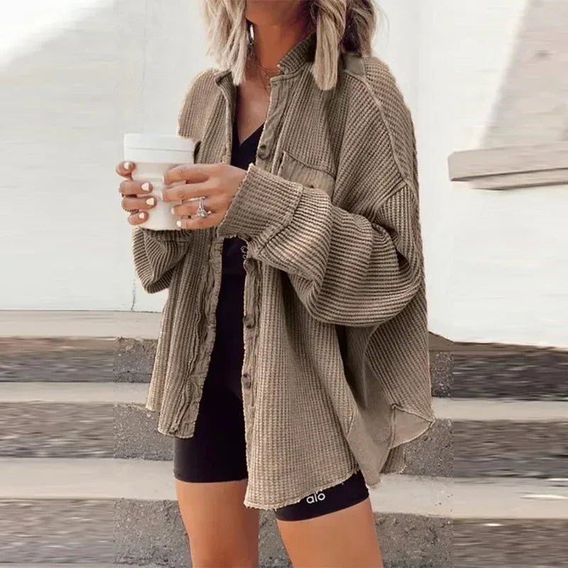 Elegant Solid Color Ribbed Casual Loose Long Sleeve Autumn Winter Coats - Fashionpara