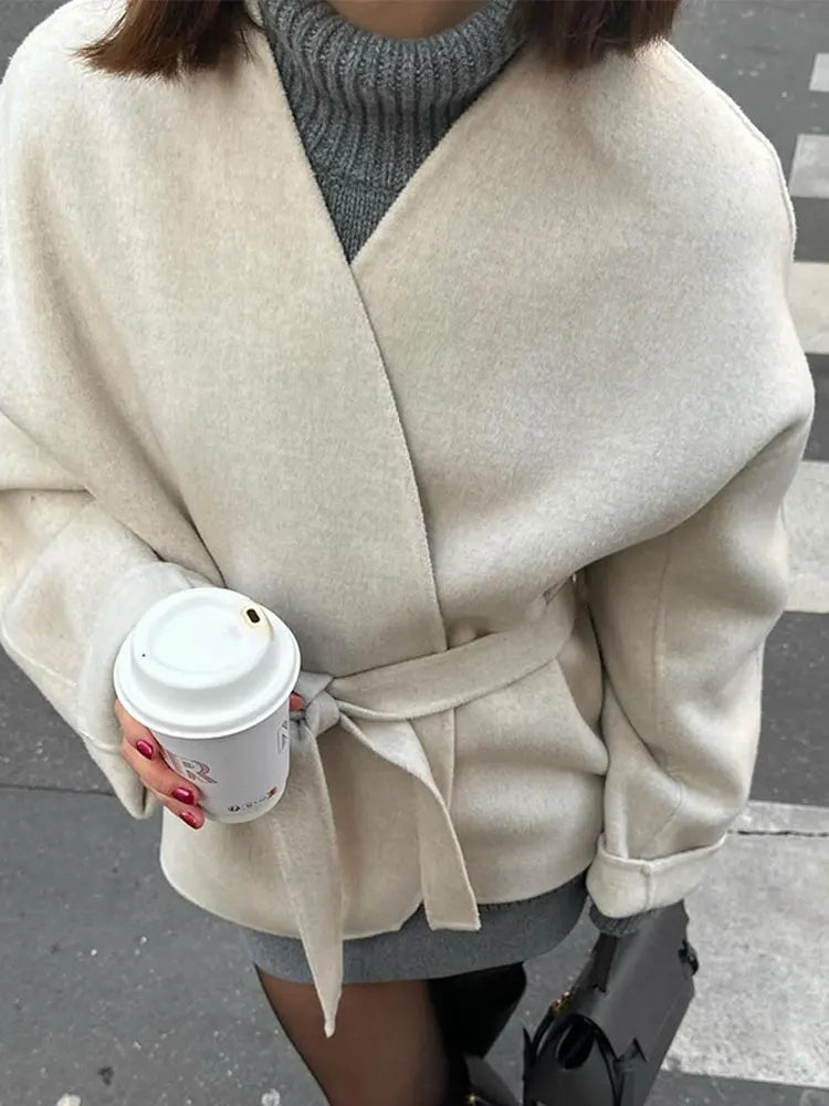 Solid V-neck Lace-up Coat