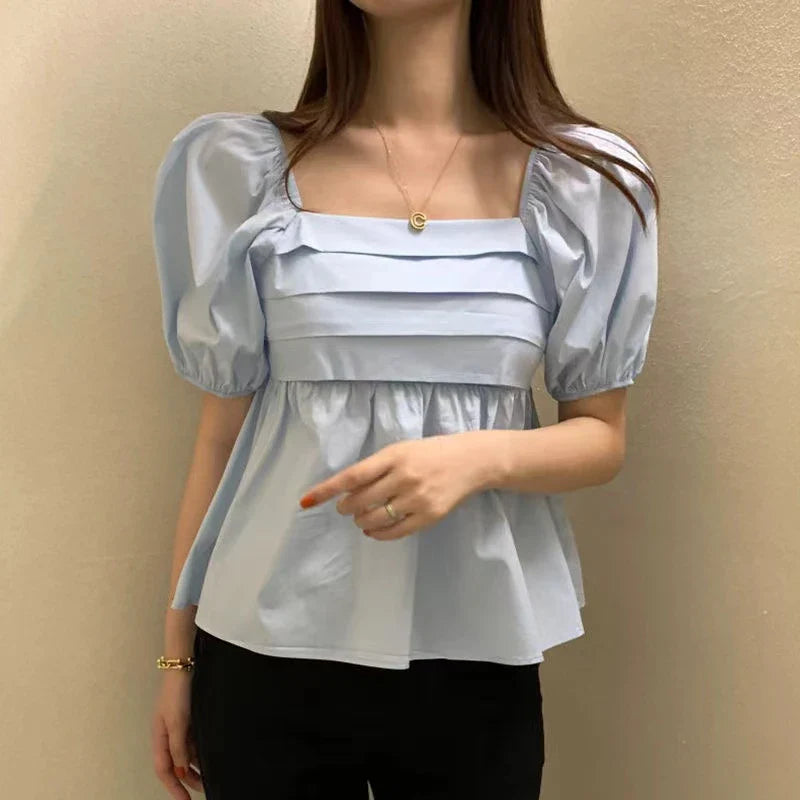 Square Neck Puff Sleeve Casual Pleated White Blouse